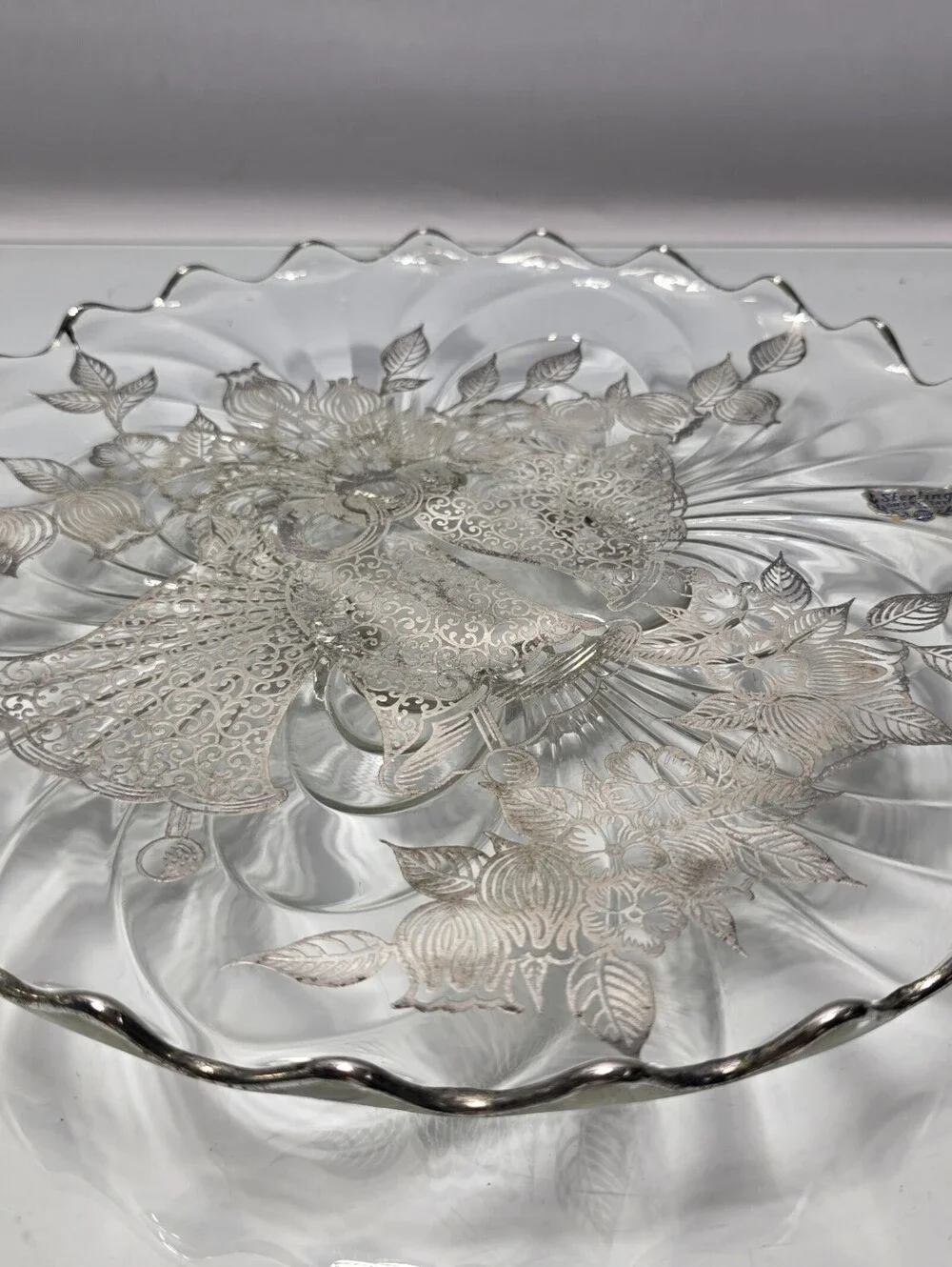 Vtg Silver City Sterling on Crystal Christmas Bells Scalloped Serving Platter